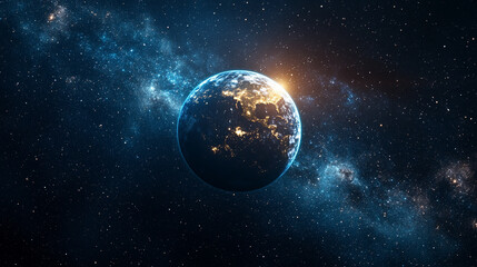 Obraz premium mesmerizing blue glow encircles planet Earth during an eclipse, set against the vast, starry dark space. The planet orbits a celestial body, creating a stunning cosmos display with bright, modern ligh