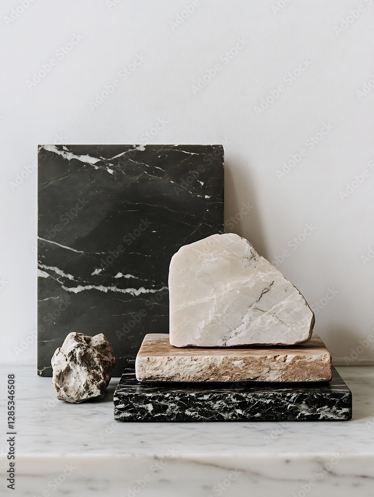 Aufkleber elegant display of natural stones and marble blocks arranged artfully : generative ai