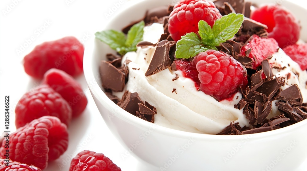 Poster decadent bowl of ice cream topped with fresh raspberries and chocolate shavings : generative ai