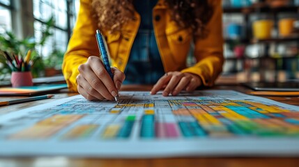 Obraz premium A person sketching a blueprint with graphs and charts, showcasing planning and creativity in a bright workspace