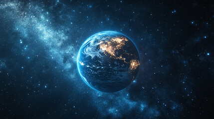 Obraz premium mesmerizing blue glow encircles planet Earth during an eclipse, set against the vast, starry dark space. The planet orbits a celestial body, creating a stunning cosmos display with bright, modern ligh
