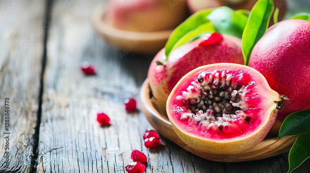 Aufkleber freshly cut ripe pink guava sliced open on rustic wooden table : generative ai