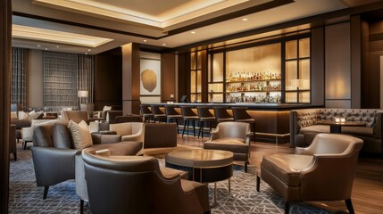 Modern Lounge Interior Featuring Elegant Seating and a Stylish Bar in a Luxury Urban Setting at Night