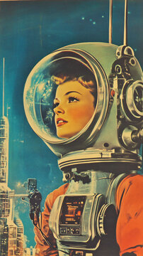 Retro sci fi poster 1950s futuristic female astronaut vintage space adventure classic pulp fiction aesthetic intergalactic exploration bold colors dynamic,dreamy,ai,time,travel,neon,comic,galaxy,