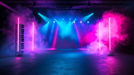 Vibrant Stage Illuminated With Colorful Lights and Smoke Ready for a Live Performance in a Modern Venue