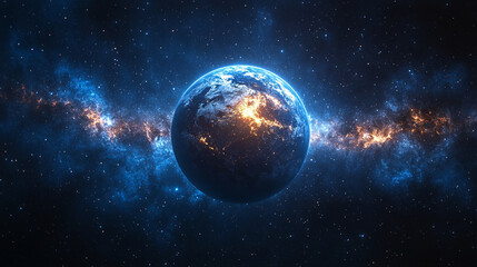 Obraz premium mesmerizing blue glow encircles planet Earth during an eclipse, set against the vast, starry dark space. The planet orbits a celestial body, creating a stunning cosmos display with bright, modern ligh