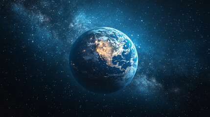 mesmerizing blue glow encircles planet Earth during an eclipse, set against the vast, starry dark space. The planet orbits a celestial body, creating a stunning cosmos display with bright, modern ligh