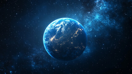 Obraz premium mesmerizing blue glow encircles planet Earth during an eclipse, set against the vast, starry dark space. The planet orbits a celestial body, creating a stunning cosmos display with bright, modern ligh