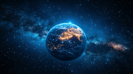 mesmerizing blue glow encircles planet Earth during an eclipse, set against the vast, starry dark space. The planet orbits a celestial body, creating a stunning cosmos display with bright, modern ligh