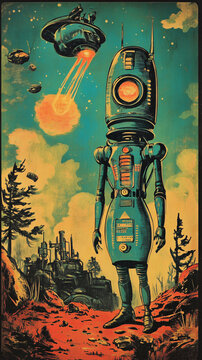 Retro sci fi poster 1950s futuristic female astronaut vintage space adventure classic pulp fiction aesthetic intergalactic exploration bold colors dynamic,dreamy,ai,time,travel,neon,comic,galaxy,