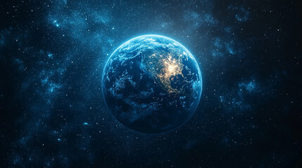 Obraz premium mesmerizing blue glow encircles planet Earth during an eclipse, set against the vast, starry dark space. The planet orbits a celestial body, creating a stunning cosmos display with bright, modern ligh