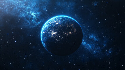 Obraz premium mesmerizing blue glow encircles planet Earth during an eclipse, set against the vast, starry dark space. The planet orbits a celestial body, creating a stunning cosmos display with bright, modern ligh