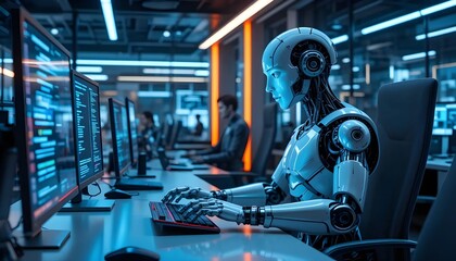 Fototapeta premium Futuristic humanoid robot working on computer in high-tech office with artificial intelligence and coding screens