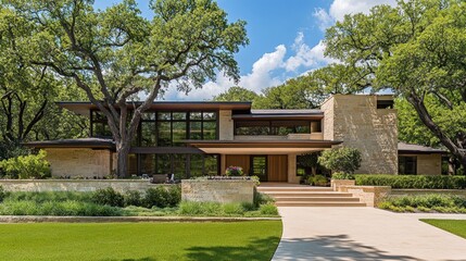 Obraz premium Modern luxury home with stone facade, large windows, and landscaped yard.