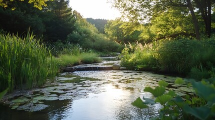 Serene stream flowing through lush greenery under bright sunlight in nature : Generative AI