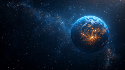 Obraz premium mesmerizing blue glow encircles planet Earth during an eclipse, set against the vast, starry dark space. The planet orbits a celestial body, creating a stunning cosmos display with bright, modern ligh