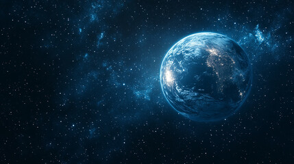 Obraz premium mesmerizing blue glow encircles planet Earth during an eclipse, set against the vast, starry dark space. The planet orbits a celestial body, creating a stunning cosmos display with bright, modern ligh