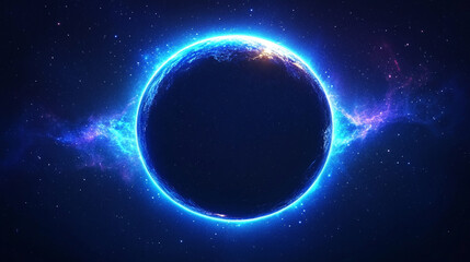 mesmerizing blue glow encircles planet Earth during an eclipse, set against the vast, starry dark space. The planet orbits a celestial body, creating a stunning cosmos display with bright, modern ligh