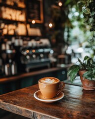 Latte art in a ceramic cup on a wooden table in a coffee shop with plants and espresso machine in the background.