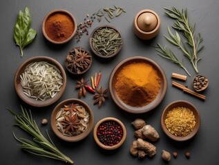 Assortment of colorful spices and herbs displayed in wooden bowls