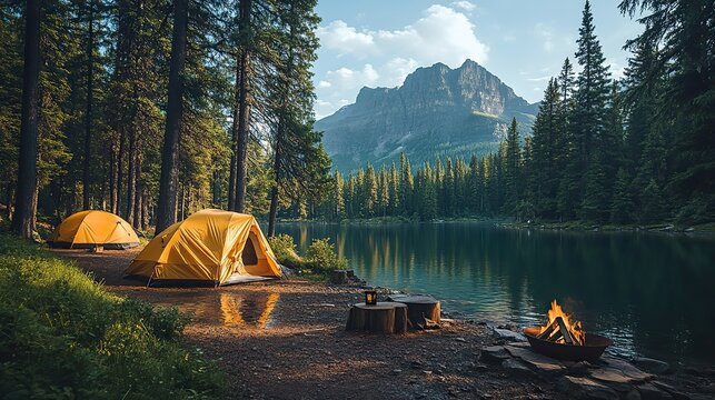 A picturesque campsite with tents and a fire pit nestled in a lush green pine forest with towering pine trees as a backdrop