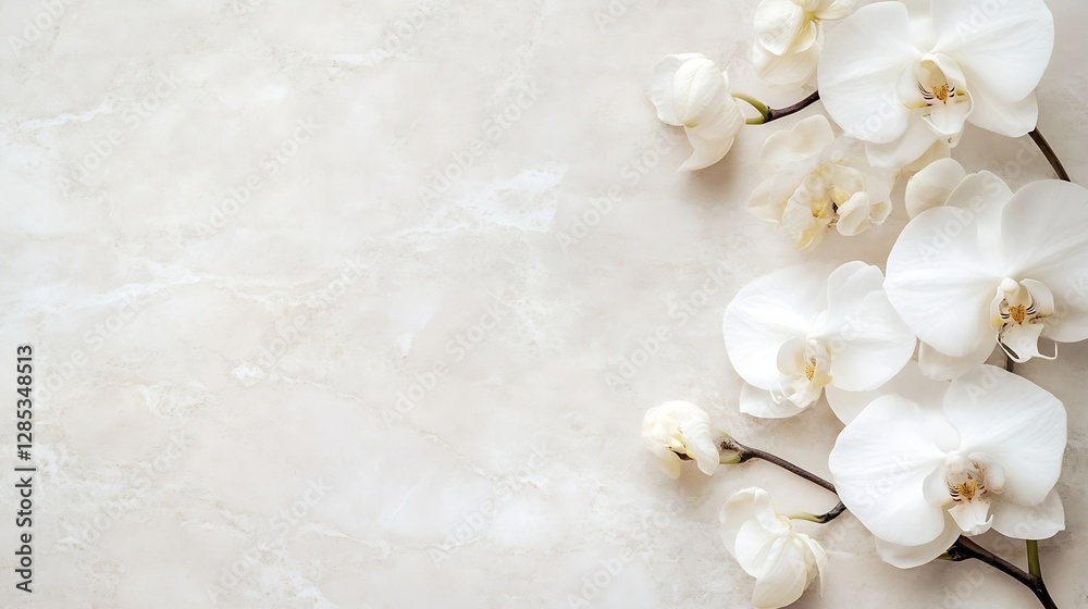 Poster elegant white orchids on smooth marble background for nature and wellness themes : generative ai