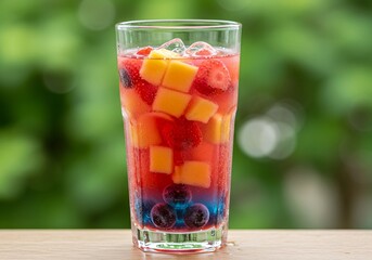 Enjoy the colors and flavors of summer with this tall glass of layered drink, featuring fruit pieces and ice