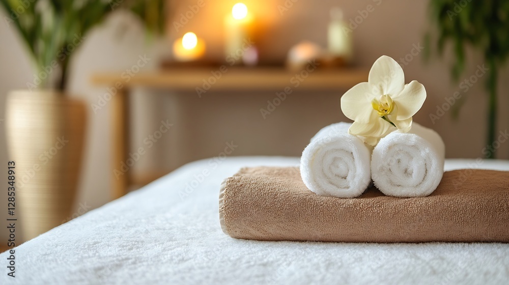 Poster Relaxing Spa Towels with White Orchid on a Soft Towel in a Serene Spa Setting : Generative AI
