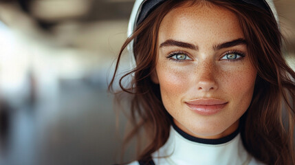 A confident female racer in a sleek, form-fitting uniform stands tall, exuding professionalism and elegance. The blurred modern background enhances her grace and determination