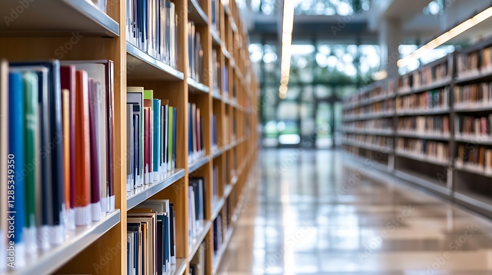 Poster vibrant colorful books on shelves in modern library with natural lighting and depth of field : gener
