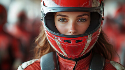 A confident female racer in a sleek, form-fitting uniform stands tall, exuding professionalism and elegance. The blurred modern background enhances her grace and determination