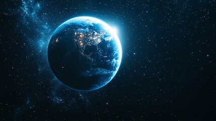 Naklejka premium mesmerizing blue glow encircles planet Earth during an eclipse, set against the vast, starry dark space. The planet orbits a celestial body, creating a stunning cosmos display with bright, modern ligh
