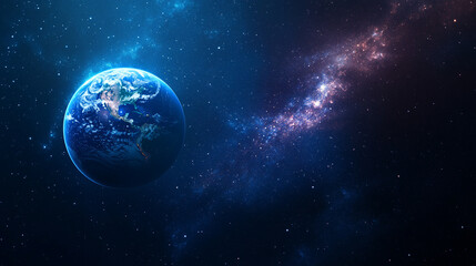 Obraz premium mesmerizing blue glow encircles planet Earth during an eclipse, set against the vast, starry dark space. The planet orbits a celestial body, creating a stunning cosmos display with bright, modern ligh