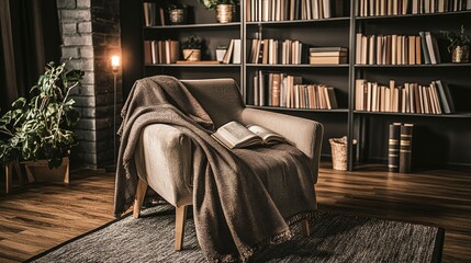 Cozy Living Room Setup Featuring Modern Armchair With Soft Blanket, Stylish Lamp, and Bookshelf in Warm Evening Light