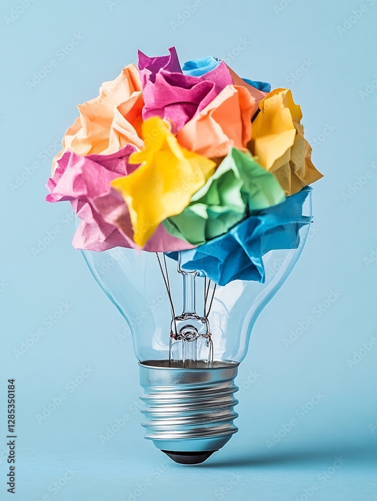 Poster creative colorful crumpled paper flower in a light bulb for innovative ideas and concepts : generati