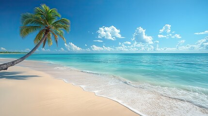 A picturesque tropical beach landscape features a gently swaying palm tree, the azure blue ocean stretching to the horizon, and soft white sand