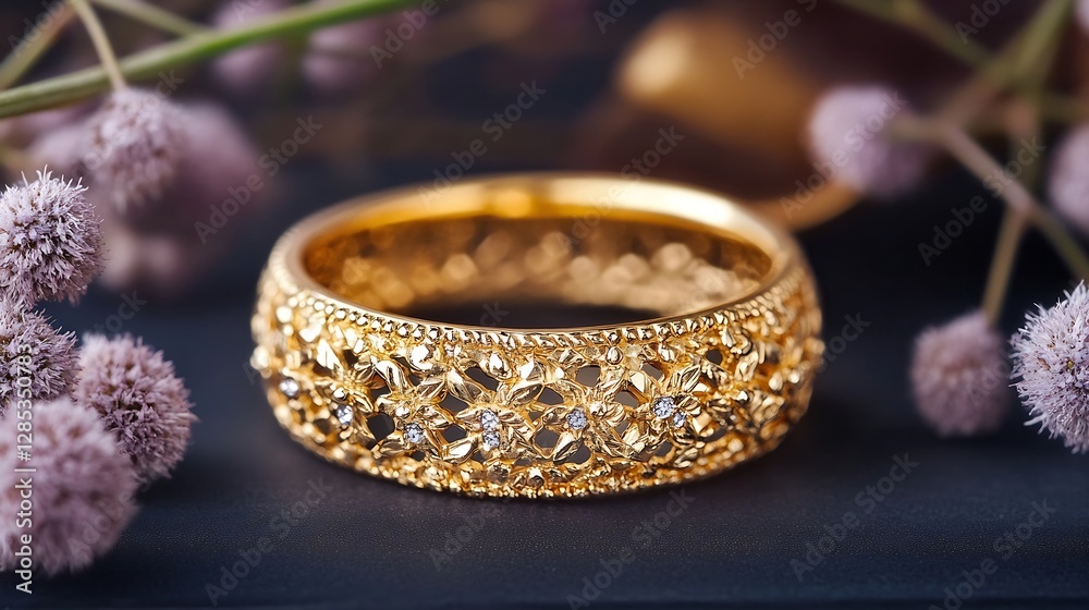 Poster elegant golden ring adorned with intricate floral patterns and sparkling gemstones surrounded by del