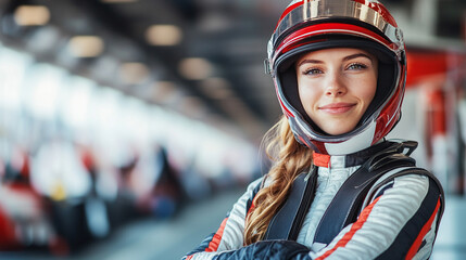 A confident female racer in a sleek, form-fitting uniform stands tall, exuding professionalism and elegance. The blurred modern background enhances her grace and determination