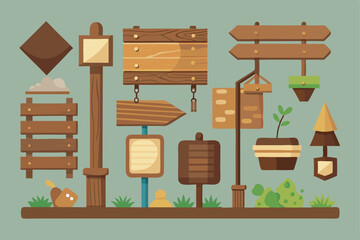 Wooden Sign Boards Collection Vector. Cartoon Wooden Signs.
