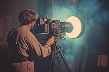 Retro countdown display with vintage film camera capturing cinematic moments in a smoky ambiance, retro old film countdown