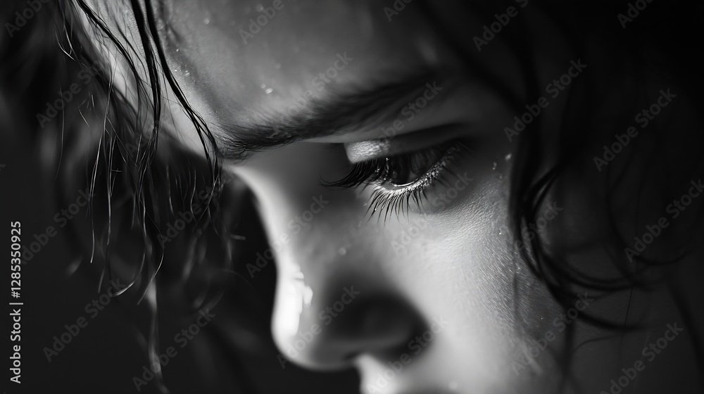 Poster close-up portrait of thoughtful child with wet hair capturing deep emotions in black and white : gen