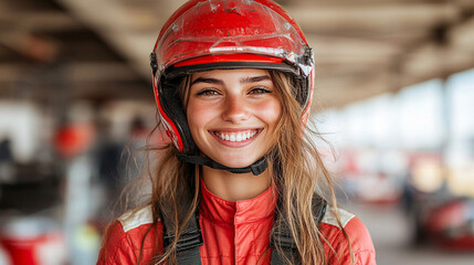 A confident female racer in a sleek, form-fitting uniform stands tall, exuding professionalism and elegance. The blurred modern background enhances her grace and determination