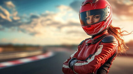 A confident female racer in a sleek, form-fitting uniform stands tall, exuding professionalism and elegance. The blurred modern background enhances her grace and determination