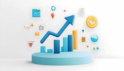 3D render of a blue graph arrow pointing upward, surrounded by icons on a white background. The style is cartoon-like and minimalistic. The design has a high resolution. 