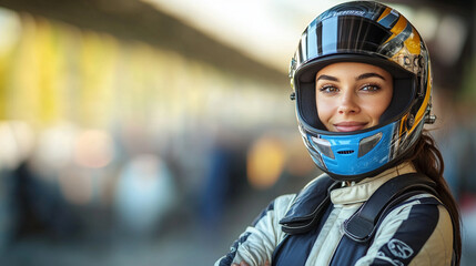 A confident female racer in a sleek, form-fitting uniform stands tall, exuding professionalism and elegance. The blurred modern background enhances her grace and determination