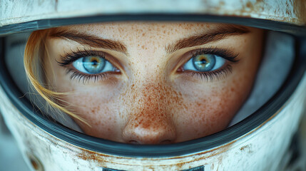 A confident female racer in a sleek, form-fitting uniform stands tall, exuding professionalism and elegance. The blurred modern background enhances her grace and determination