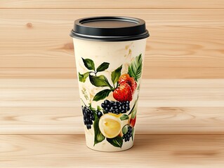 Artistic fruit-themed coffee cup on rustic kitchen table aesthetic product photography