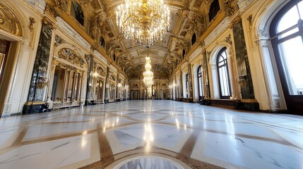 Obraz premium Luxurious Elegant Palace Interior with Grand Chandeliers and Beautiful Architecture Rich History and Design : Generative AI
