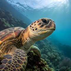 Fototapeta premium Underwater sea turtle swimming near coral reef in tropical ocean / Tortuga marina nadando bajo el agua cerca del arrecife de coral en océano tropical