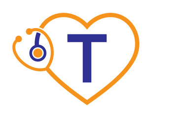 Obraz premium Initial Letter T Medical Logo Concept With Heart and Stethoscope Symbol For Healthcare and Medical Sign